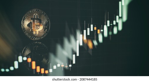 Chart shows a strong increase in the price of bitcoin. Investing in virtual assets. Investment platform with charts and bitcoin coin. - Shutterstock ID 2087444185