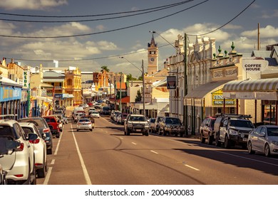 Charters Towers, Queensland, Australia - May 21, 2021: View along the main shopping street - Gill Street