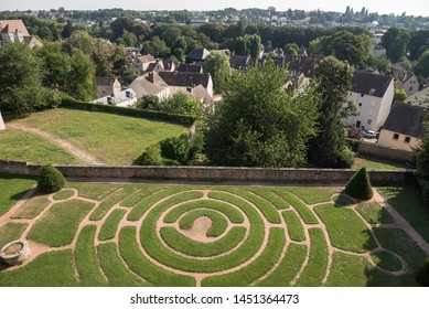 Chartre/France , Center-Val de Loire, 27,07,2018 - Chartres, labyrinth garden in Chartres cathedral with views of the old town basse ville