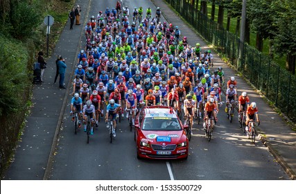 Chartres, France - October 13, 2019: Aerial View Of The Peloton Riding In Chartres Just Before The Real Start Of The Autumn French Cycling Race Paris-Tours 2019