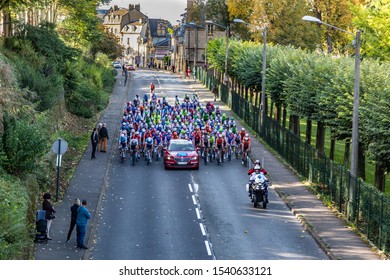 Chartres, France - October 13, 2019: Aerial View Of The Peloton Riding In Chartres Just Before The Real Start Of The Autumn French Cycling Race Paris-Tours 2019