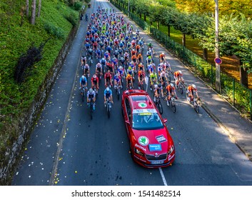 Chartres, France - October 13, 2019: Aerial View Of The Peloton Riding In Chartres Just Before The Real Start Of The Autumn French Cycling Race Paris-Tours 2019