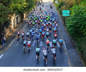 Chartres, France - October 13, 2019: Aerial Rear View Of The Peloton Riding In Chartres Just Before The Real Start Of The Autumn French Cycling Race Paris-Tours 2019