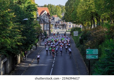 Chartres, France - October 13, 2019: Aerial View Of The Peloton Riding In Chartres Just Before The Real Start Of The Autumn French Cycling Race Paris-Tours 2019