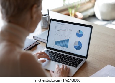 Charts, graphs, analysis sales information on laptop screen view over financier shoulder, visual representation of financial data, using helpful app for make analyze easier. Project statistics concept