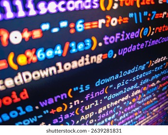Charts of stock market instruments with various type of indicators and volume analysis for professional technical analysis on the monitor of a computer. Coding programmer abstract background.