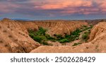 Charyn Canyon, Kazakhstan, Almaty. Moon Canyon. Large panorama of sand mountains with geological layers, large bright green bushes at the bottom. Small Grand Canyon. Canyon  of a large horseshoe