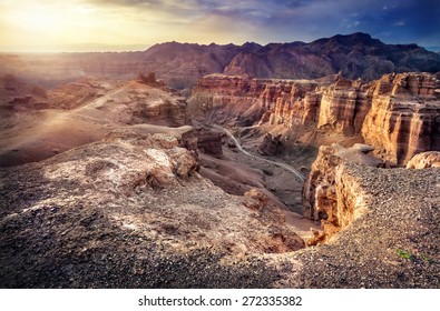 Charyn Grand Canyon At Overcast Sunset Sky In Kazakhstan