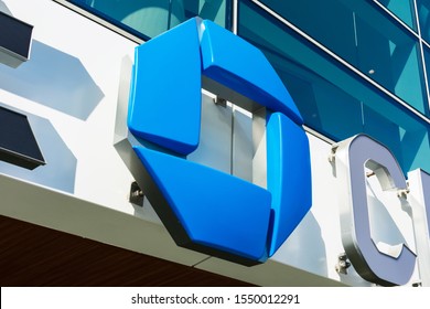 Chase Bank Octagon Logo On The Facade Of Chase Center -  San Francisco, CA, USA - 2019