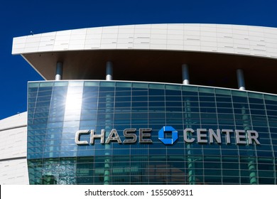 Chase Bank Octagon Logo On The Modern Glass Facade Of Chase Center Indoor Concert Arena And Sport Stadium - San Francisco, California, USA - 2019