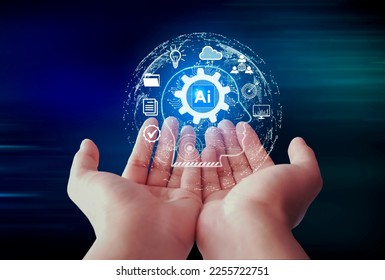 Chat with AI or Artificial Intelligence Both hands are going to support the head icon. Smart AI or Artificial Intelligence using Chatbot, Artificial Intelligence developed by Open AI.