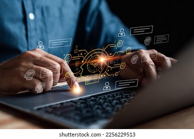 Chat with AI Artificial Intelligence. Businessman using chatbot in computer smart intelligence Ai, artificial intelligence developed by OpenAI. Futuristic technology, robot in online system.