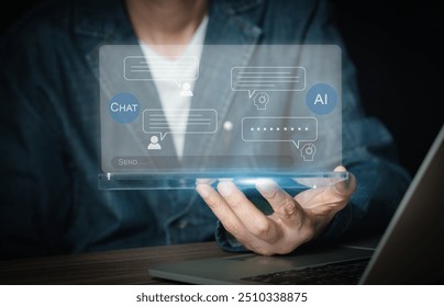 Chat with AI, Artificial Intelligence. Businessman using transparent tablet Discuss some questions and answers with the chatbot for buiness. Futuristic technology transformation. - Powered by Shutterstock