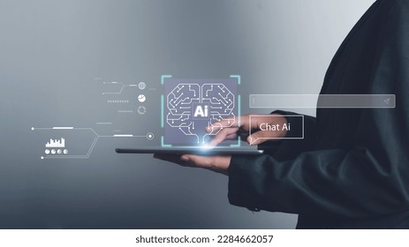 Chat with Ai or Artificial Intelligence tech concept. Businessman show virtual AI brain smart technology deep learning Neural networks to understand, respond to user inputs future technology. - Shutterstock ID 2284662057