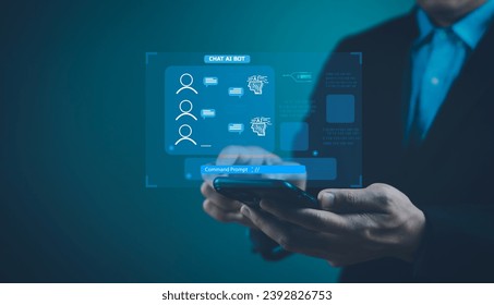 chat ai artificial intelligence technology businessman using conversation generates smart chatbot command prompt text analysis communication software for service data business innovation digital