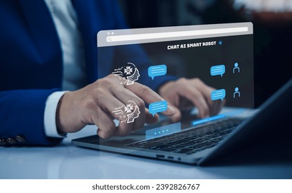 chat ai artificial intelligence technology businessman using conversation generates smart chatbot command prompt text analysis communication software for service data business innovation digital