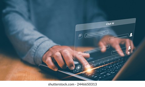 Chat with AI or Artificial Intelligence technology, Businessman using laptop computer chatting online with intelligent artificial or chatbot. Futuristic technology, Online automation chatbot.