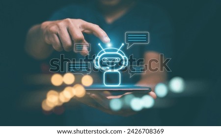 Chat with AI or Artificial Intelligence technology, Businessman using smartphone chatting online with intelligent artificial or chatbot. Futuristic technology, Online automation chatbot.