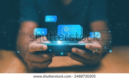 Chat with AI or Artificial Intelligence technology, Businessman using smartphone for chatting online with AI or chatbot. Futuristic technology transformation, Online automation chatbot.