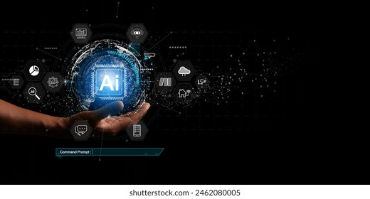Chat with AI or Artificial Intelligence. Young businessman chatting with a smart AI or artificial intelligence using an artificial intelligence chatbot developed by OpenAI.