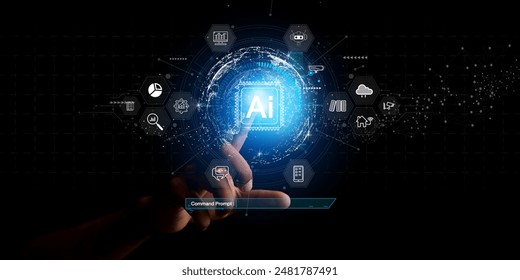 Chat with AI or Artificial Intelligence. Young businessman chatting with a smart AI or artificial intelligence using an artificial intelligence chatbot developed by OpenAI.