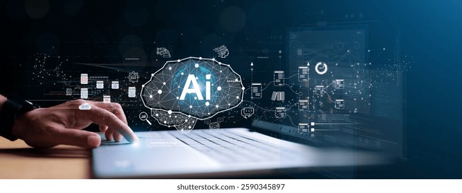 Chat with AI or Artificial Intelligence. Young businessman chatting with a smart AI or artificial intelligence using an artificial intelligence chatbot developed by OpenAI. - Powered by Shutterstock - Get 15% off with code: PIKWIZARD15