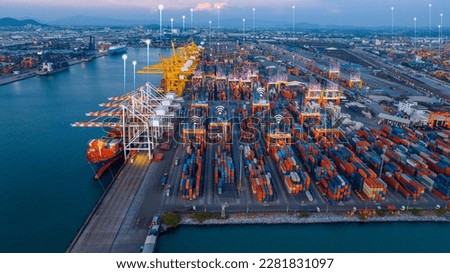 Chat AI bot. Ai tech for futurist automatic transportation logistics Cargo Shipping, business virtual graphic Global Internet line connect Chat with AI. hi technology in Ship port.