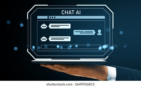 Chat AI interface with chatbot and user icons on futuristic screen, glowing elements over dark background, concept of virtual communication - Powered by Shutterstock - Get 15% off with code: PIKWIZARD15
