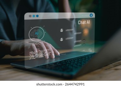 Chat AI interface concept with digital conversation and AI brain icon, ideal for illustrating smart assistant, chatbot technology and automated customer communication systems.