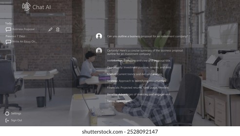 Chat ai logo and conversation text over diverse casual business colleagues at creative office. Ai, social media, online chat, digital interface, business and communication digitally generated image. - Powered by Shutterstock