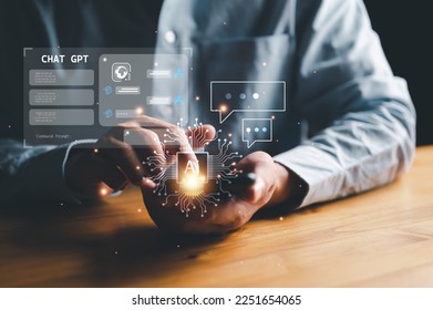 Chat bot, Chat with AI, Artificial Intelligence. man using technology smart robot AI, artificial intelligence by enter command prompt for generates something, Futuristic technology transformation.