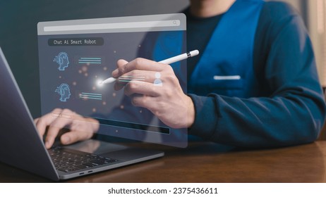 Chat bot Artificial Intelligence (AI), businessman using command prompt for generating something Futuristic technology transformation, technology online customer service Digital chatbot.