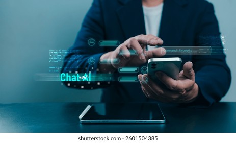 Chat Bot, Businessman using smartphone to chatting with an intelligent artificial intelligence asks for the answers he wants, Chat with AI or Artificial Intelligence technology, Chat Ai bot.