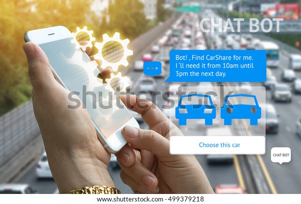 Chat bot , car sharing ,rental car and future\
marketing concept.Customer hand holding tablet find car share and\
popup out smart phone screen with automatic chatbot message screen,\
city view background