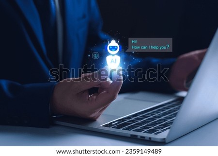 Chat bot concept. AI, Artificial Intelligence. businessman using technology smart robot chat AI, enter command prompt, Questions and Answers, analyze various data, Futuristic technology transformation