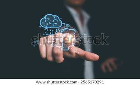 Chat bot concept, Chat with artificial intelligence technology. Businessman uses AI smart robot brain innovation by giving prompt to change, create future digital business network. Internet of Things.