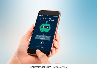 Chat Bot Concept.Hands Holding Mobile Phone On Blurred Abstract Background