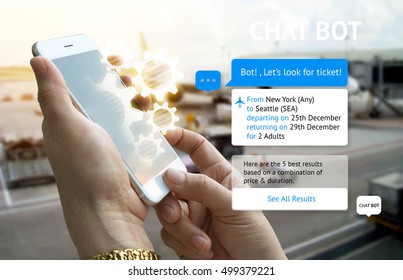 Chat Bot And Future Marketing Concept . Customer Hand Holding Tablet Look For Ticket And Popup Out Smart Phone Screen With Automatic Chatbot Message Screen , Airport Background