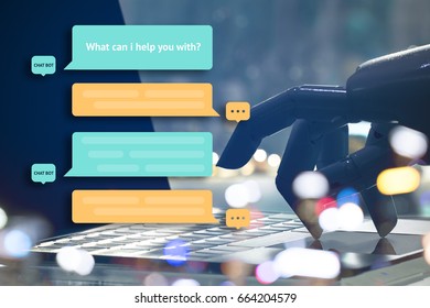 Chat Bot And Future Marketing Concept. Robot Finger Point To Laptop Button With Automatic Message Popup.