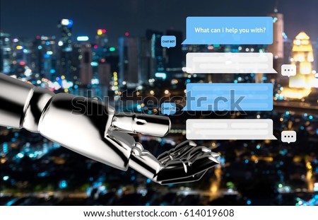 Chat bot and future marketing concept. Chatbot automatic message dialog screen and robot hand with abstract blur bokeh of city night light background
