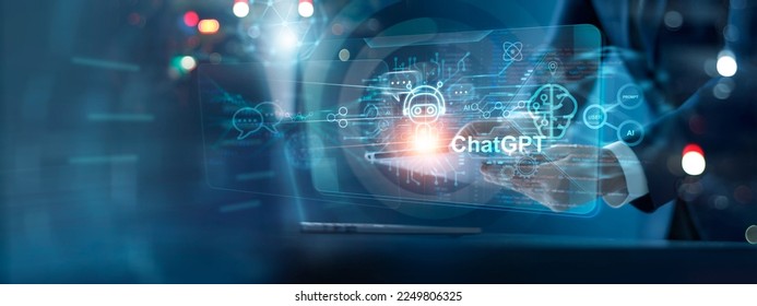 Chat GPT. Ai chat bot communicate and interact to businessman provide smart data in natural human like text.Artificial intelligence system assist human decision making best solution to accomplish task - Shutterstock ID 2249806325