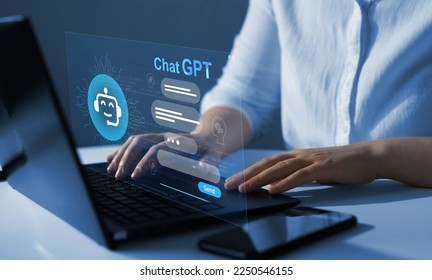 Chat GPT concept.
Business person chatting with a smart AI  using an artificial intelligence chatbot developed by OpenAI. Artificial intelligence system support is the future. - Shutterstock ID 2250546155
