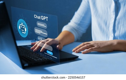 Chat GPT concept.
Business person chatting with a smart AI  using an artificial intelligence chatbot developed by OpenAI. Artificial intelligence system support is the future. - Shutterstock ID 2250546157