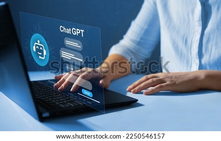 Chat GPT concept.
Business person chatting with a smart AI  using an artificial intelligence chatbot developed by OpenAI. Artificial intelligence system support is the future.