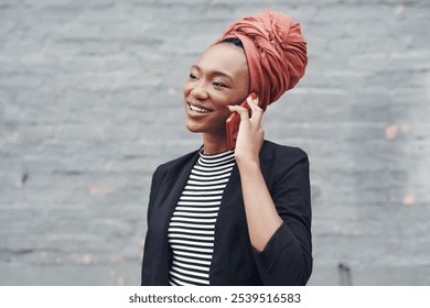 Chat, phone call and happy black woman with brick wall, confidence and urban business communication. Smile, designer or African businesswoman with smartphone, conversation and outdoor connection - Powered by Shutterstock