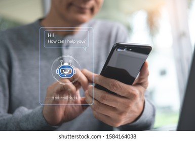 Chatbot, Ai Artificial Intelligence technology, internet virtual assistant on smart phone screen, online customer support website or social media network, information about products or services