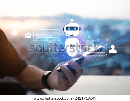 Chatbot Ai Artificial Intelligence technology concept.Man Hands holding mobile phone on blurred urban city as background