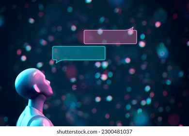 Chatbot artificial intelligence communication concept. Artificial intelligence represented by humanoid and speech bubbles. Cyberpunk color scheme with purple and blue colors.