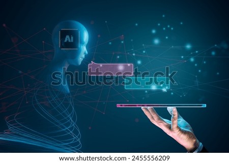 Chatbot artificial intelligence communication concept. Artificial intelligence represented by humanoid head, speech bubbles and futuristic glass digital tablet on human hand.