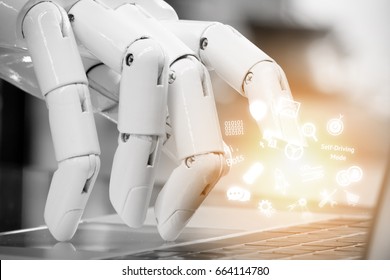 Chatbot , artificial intelligence , robo advisor , robotic concept. Robot finger point to laptop button and infographic icons with flare light effect. - Shutterstock ID 664114780